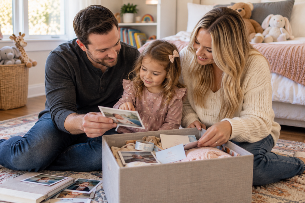 Adoptive parents sharing adoption photos and keepsakes with their young child