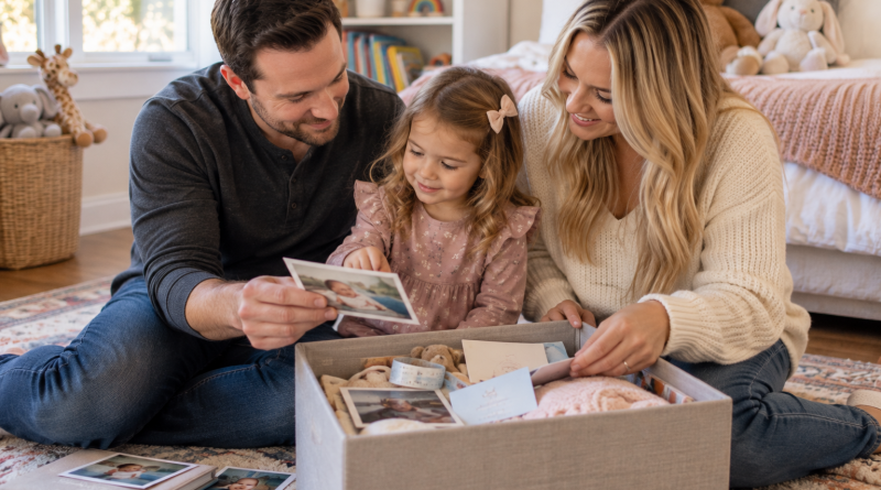 Adoptive parents sharing adoption photos and keepsakes with their young child